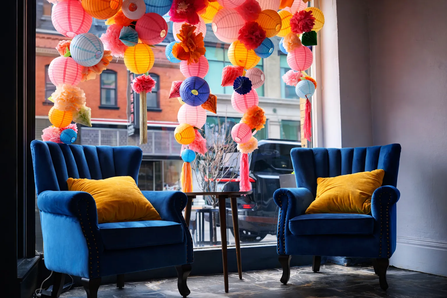 Cozy lounge interior with vibrant window decorations at The Main Event